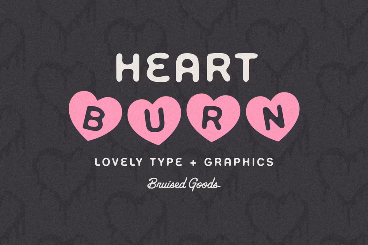 A sample of Heart Burn typeface with heart graphics