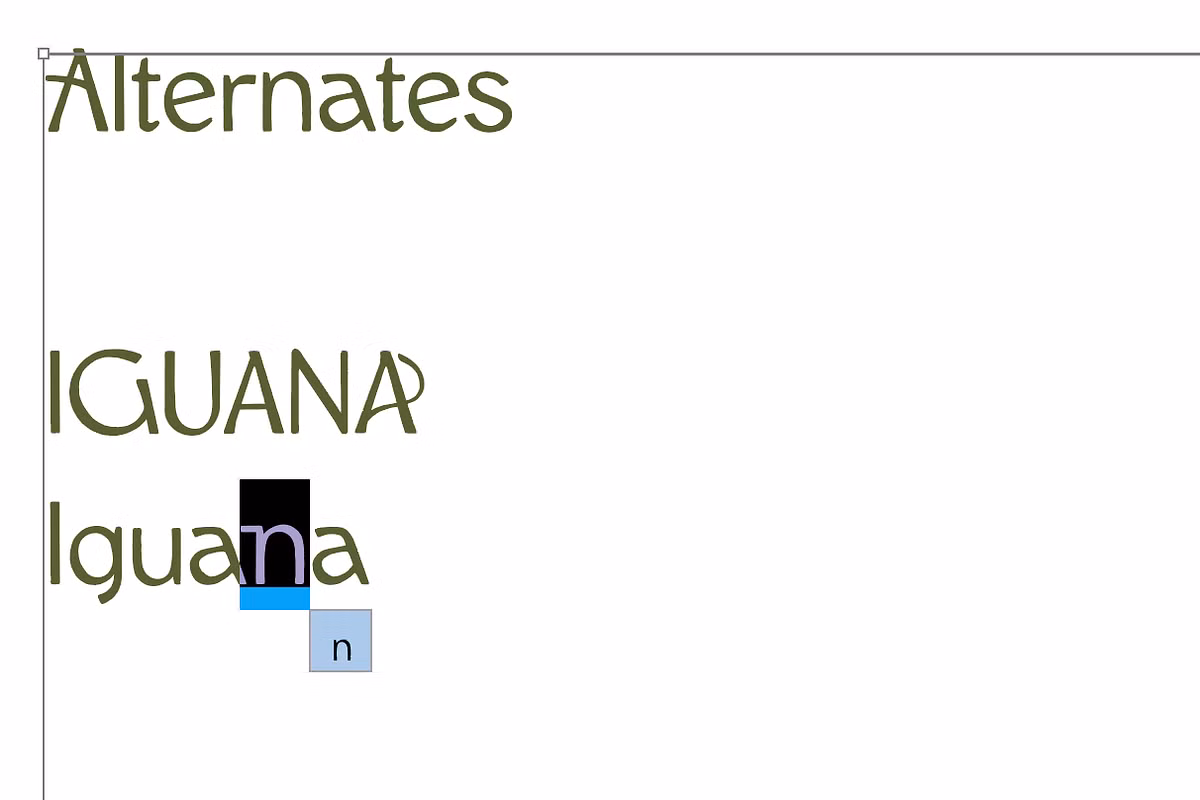 Display of Iguana font's character sets available for designers