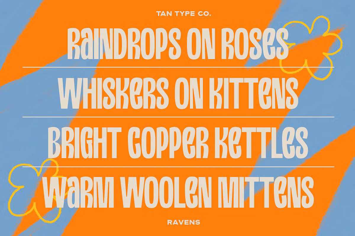 Visual showcasing the bold and playful nature of the TAN - RAVENS font