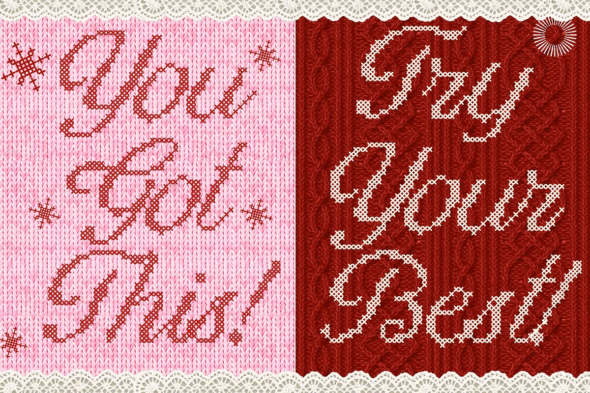Sample of Heather Knit font bundle showcasing stitch designs