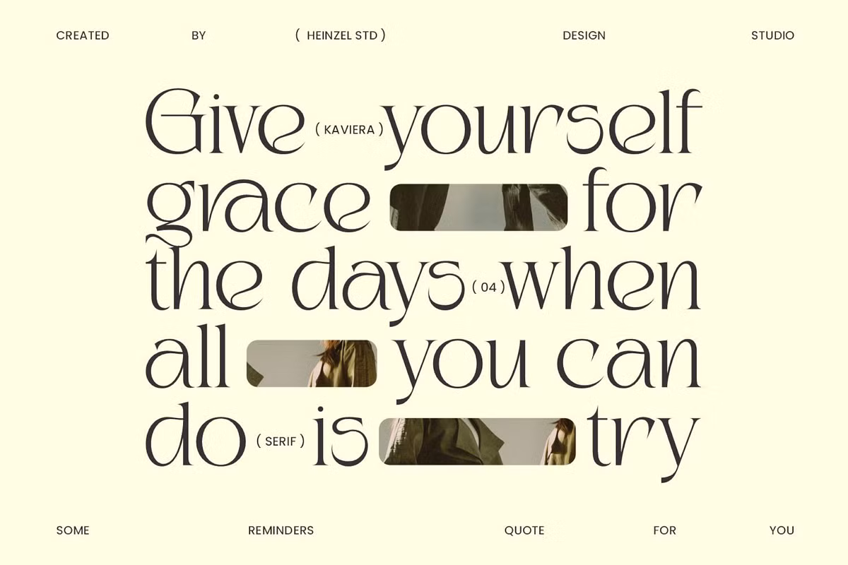 Kaviera font used in various design contexts