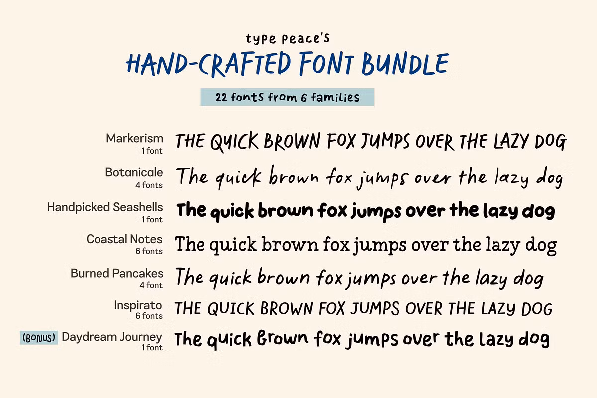 A selection of handcrafted fonts in a creative layout.