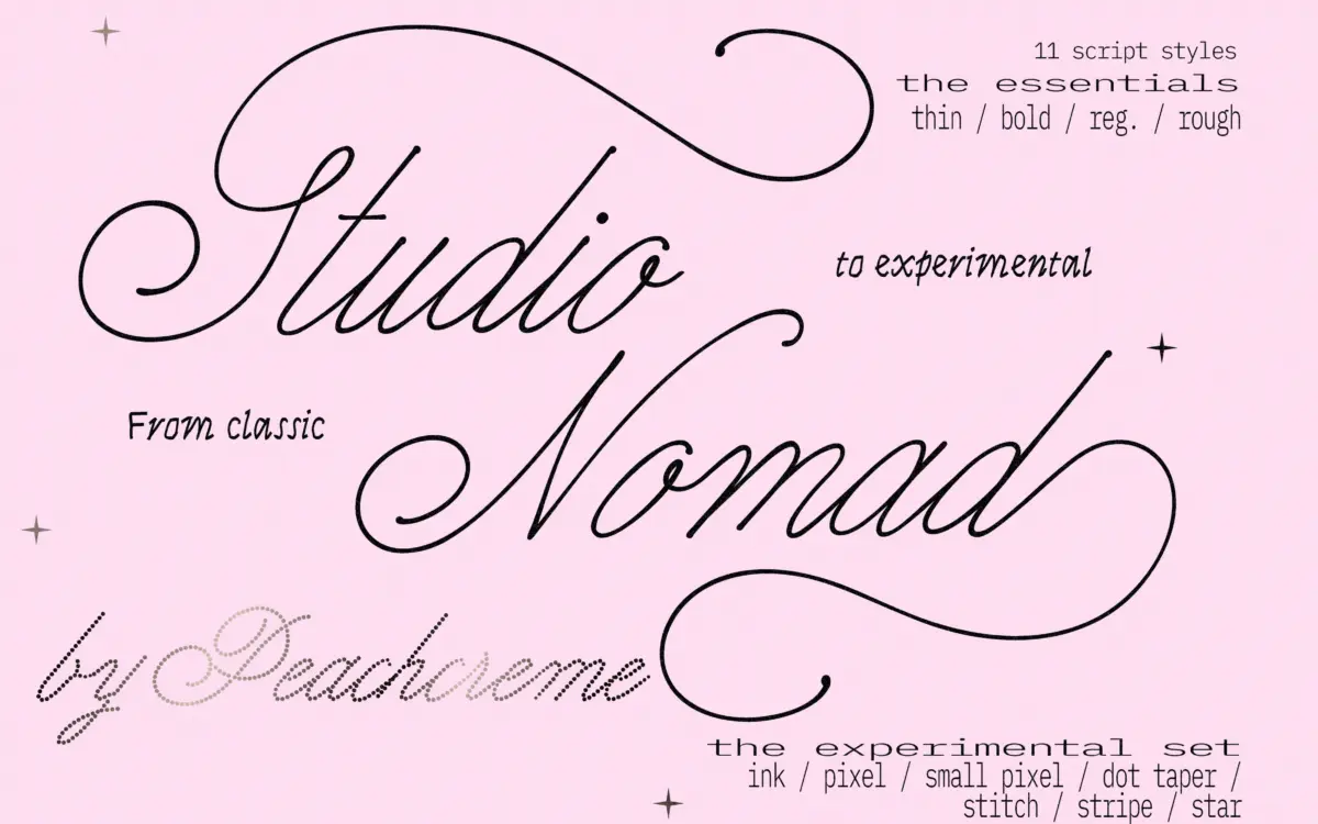 Studio Nomad: a monoline script duo built for gel-ink texture and glitch swashes