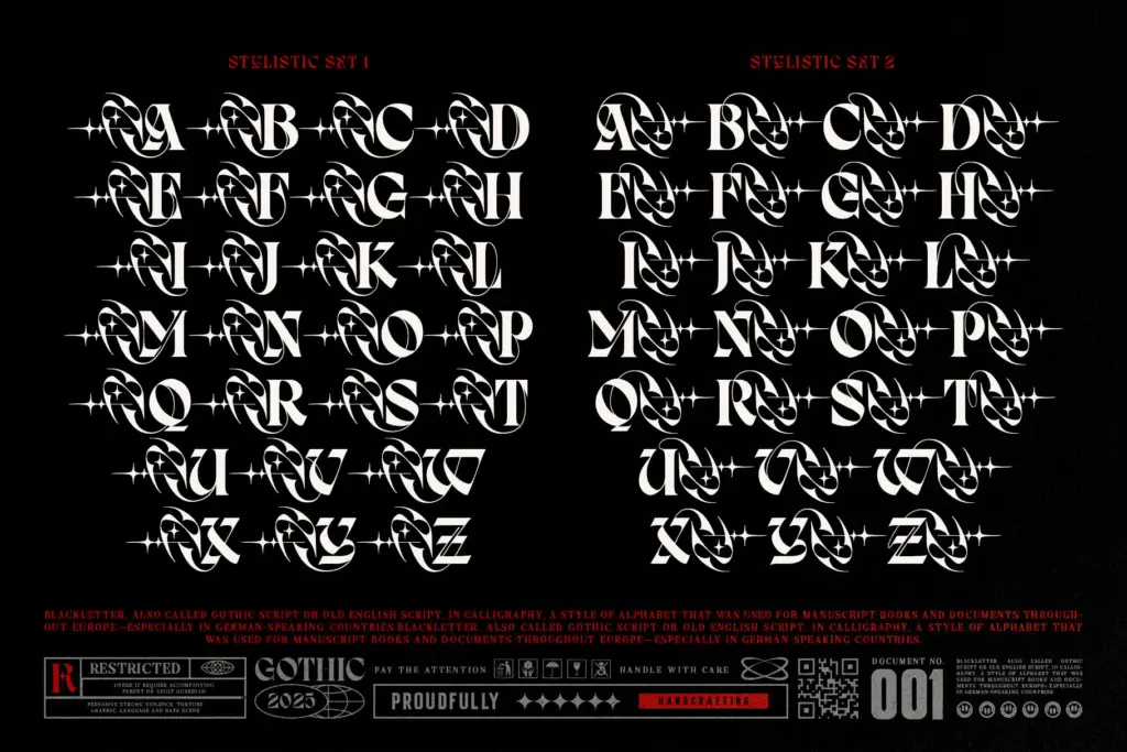 Dark Reborn Typeface specimen — Character set and features