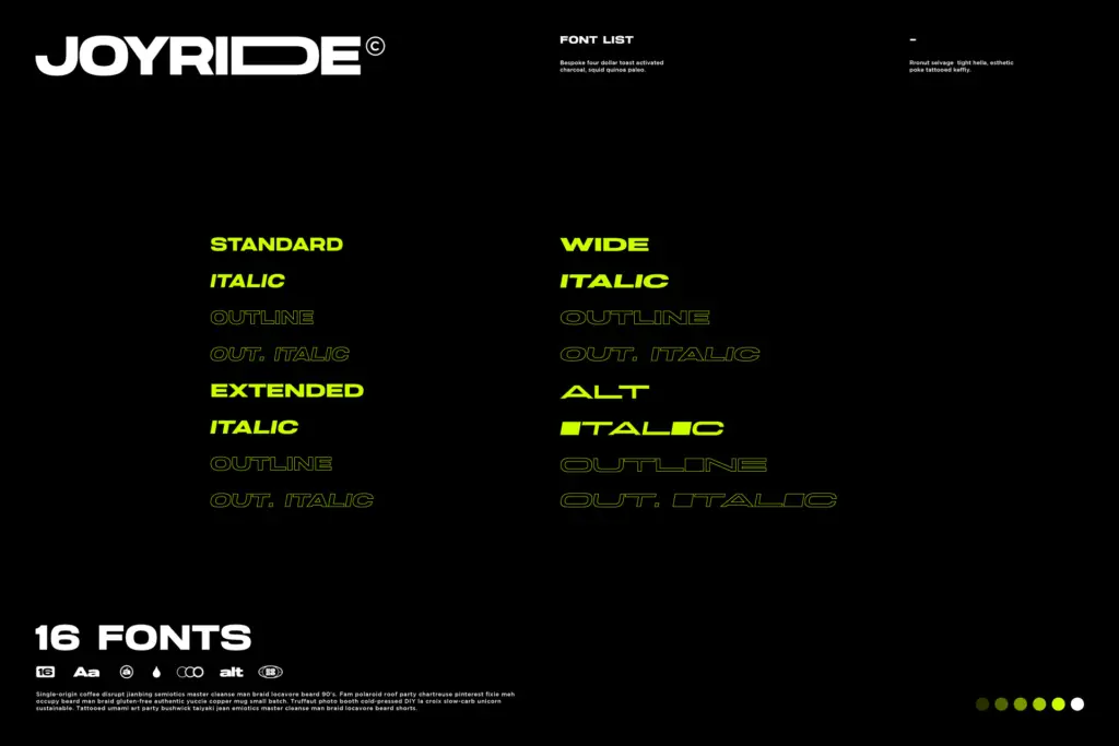 Joyride specimen — Character set and features