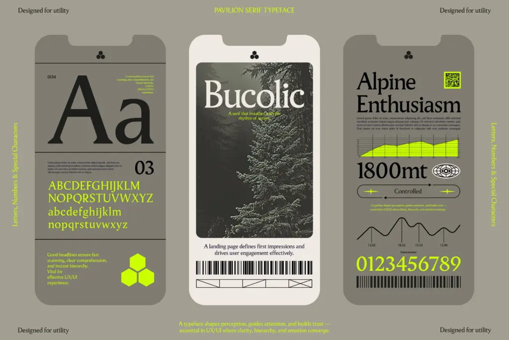 Pavilion Serif specimen — Use cases