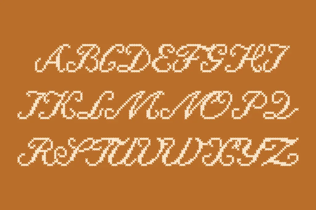 Cross Stitch Cursive Font specimen — Character set and features