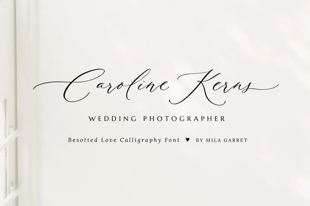Besotted Wedding Calligraphy Font specimen — Character set and features