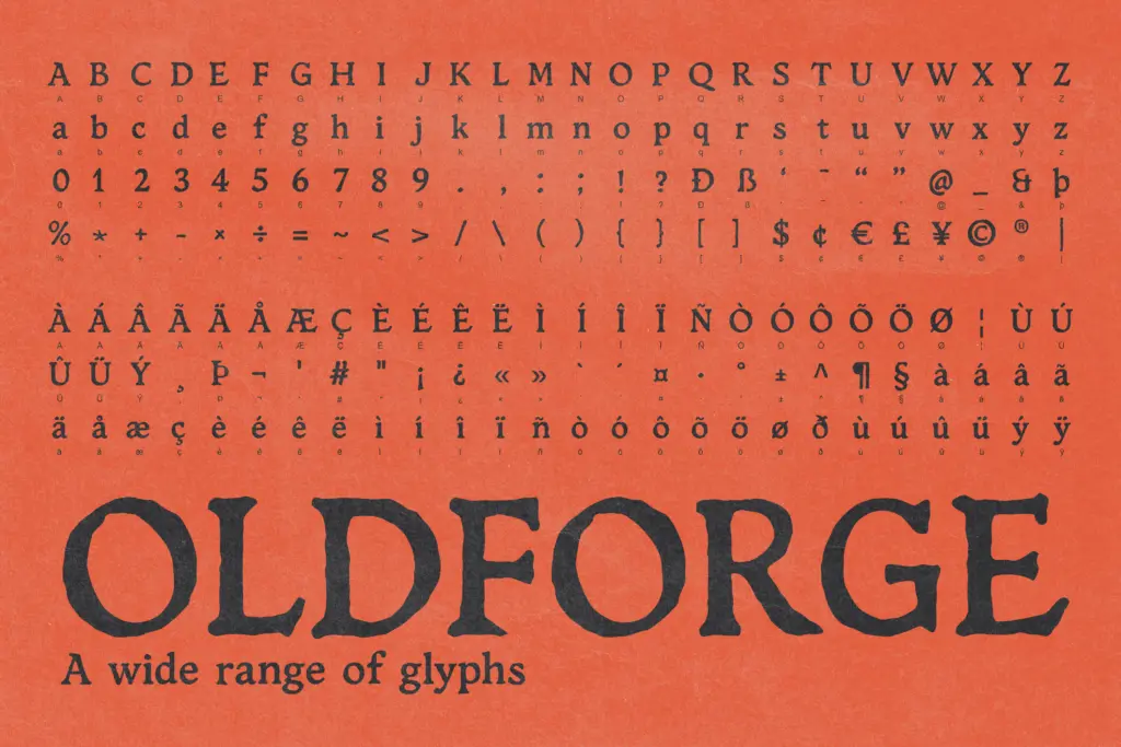 Oldforge Medieval Distressed Font specimen — Character set and features