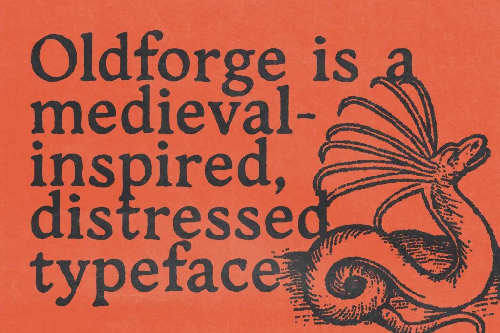 Oldforge Medieval Distressed Font specimen — Design style