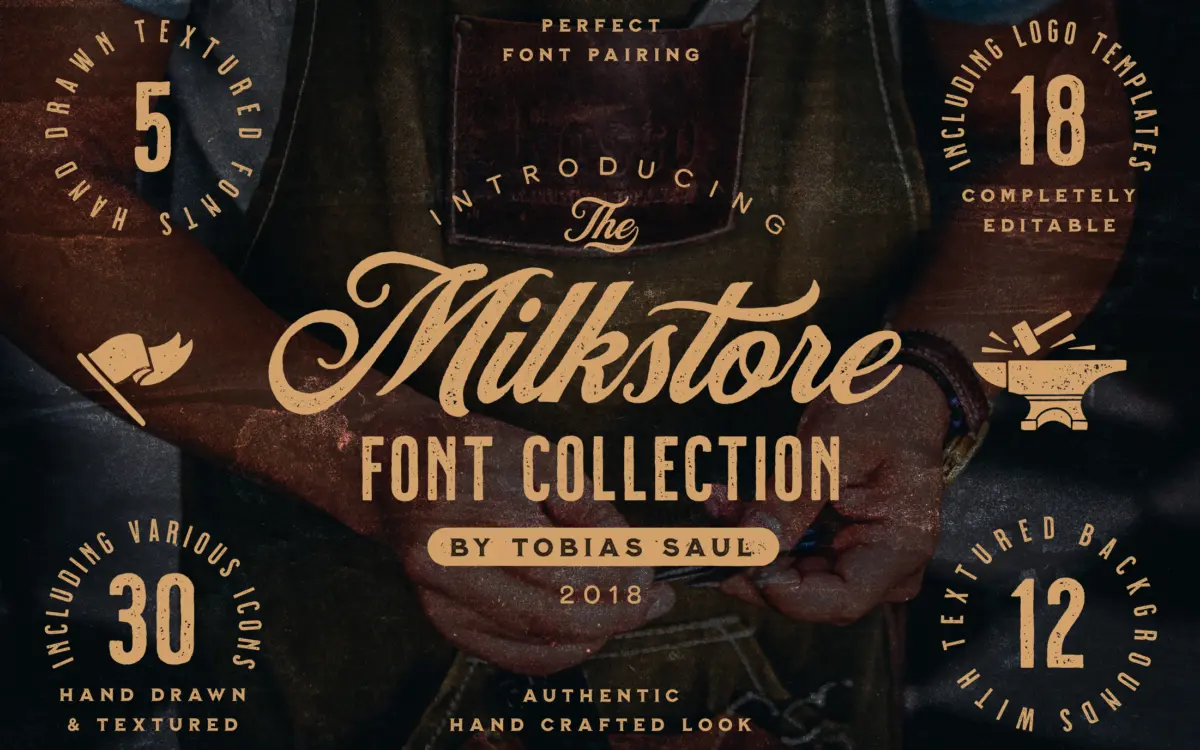 Milkstore: a hand-painted brick-wall face set for vintage badges and packaging