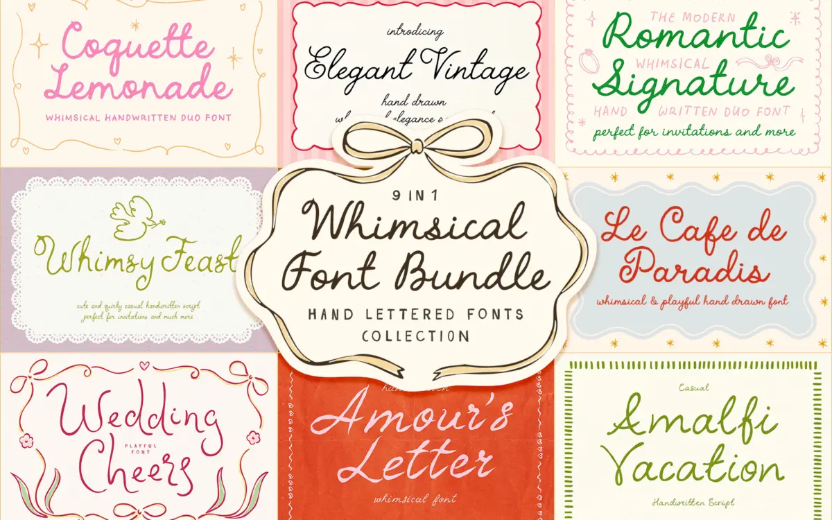 Whimsical Handwritten Font Bundle: nine wedding script duos in one pack