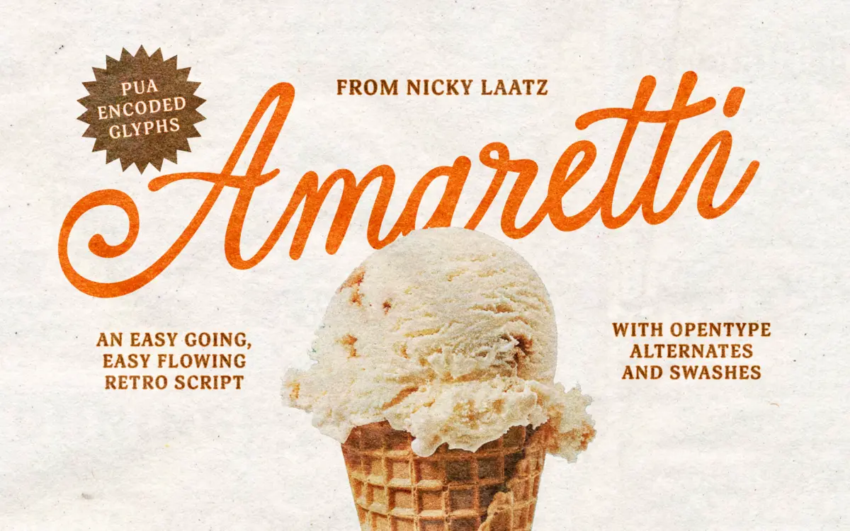 Amaretti: a vintage-signage script with three weights and real swash range