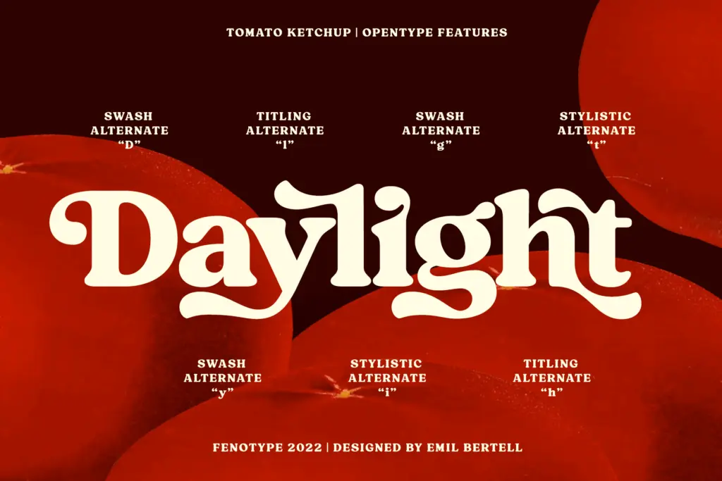 Tomato Ketchup Retro Serif Font specimen — Character set and features