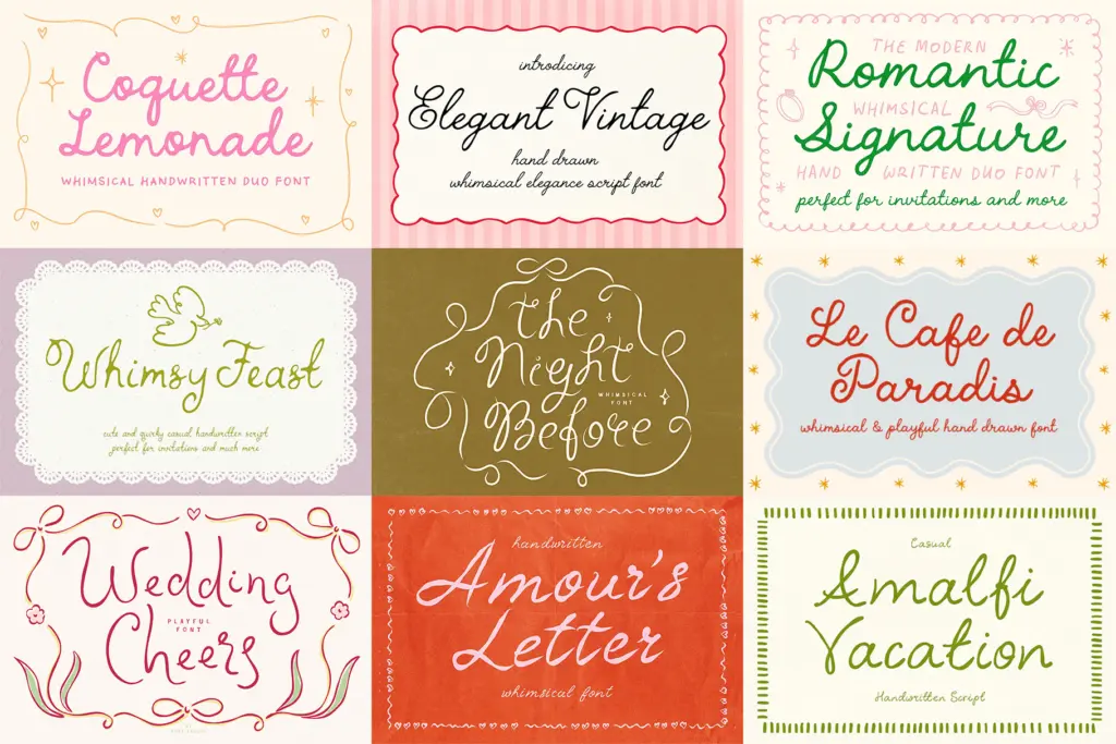 Whimsical Handwritten Font Bundle specimen — Design style