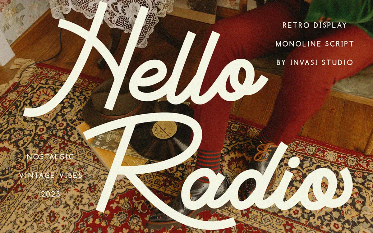 Hello Radio: a monoline vintage script for retro branding and labels