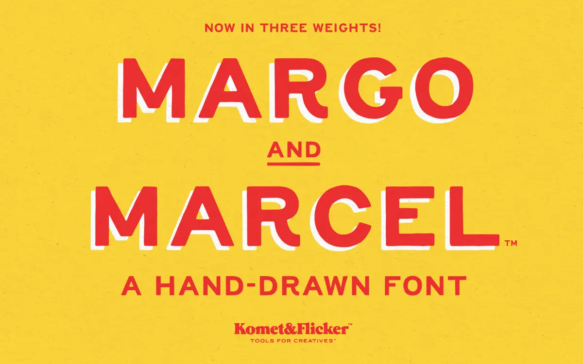 Margo and Marcel: a rough all-caps sans for casual, hand-touched branding