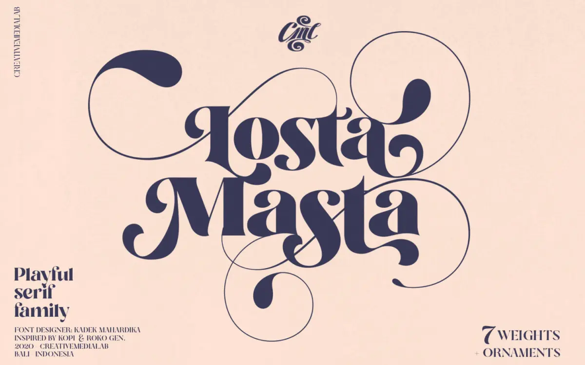 Losta Masta: a curly playful serif built for ligature-heavy display work