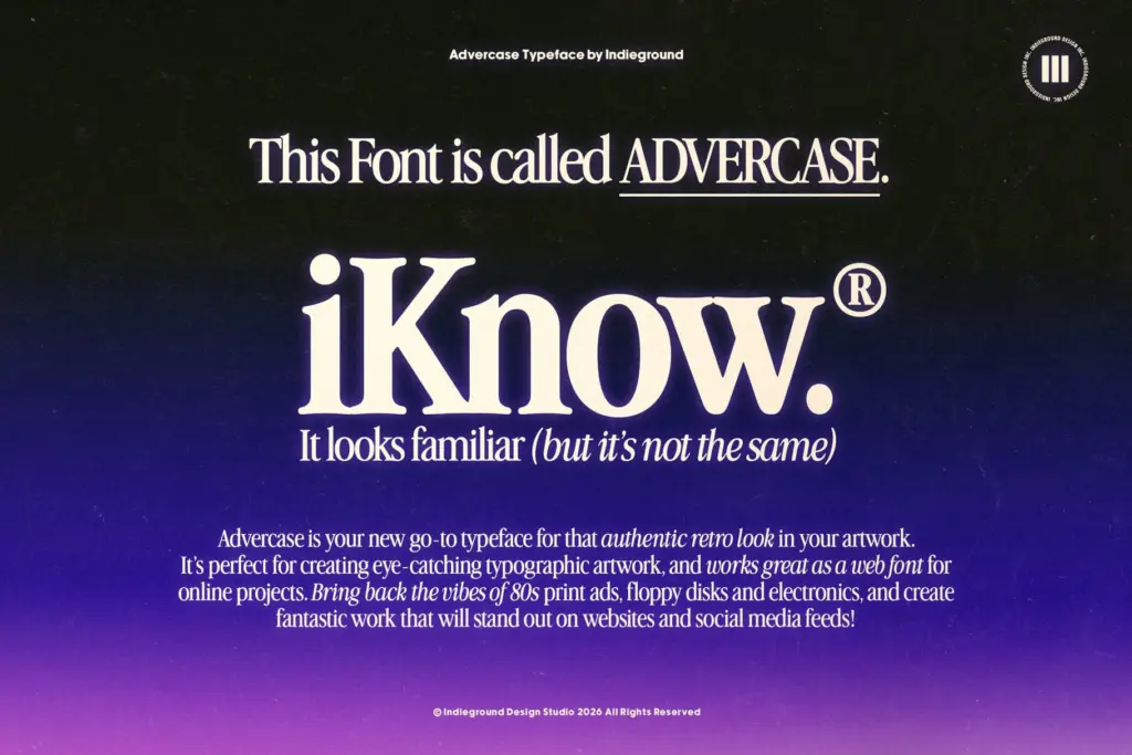 Advercase Font specimen — Character set and features