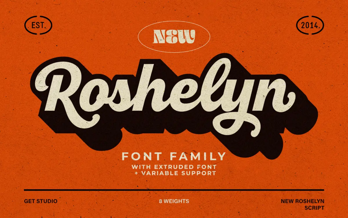 New Roshelyn Script: a swash-heavy script family for retro branding
