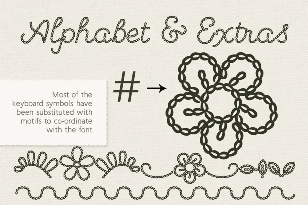Embroidery Cursive Chainstitch specimen — Character set and features