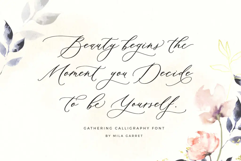 Gathering Calligraphy Wedding Script specimen — Character set and features