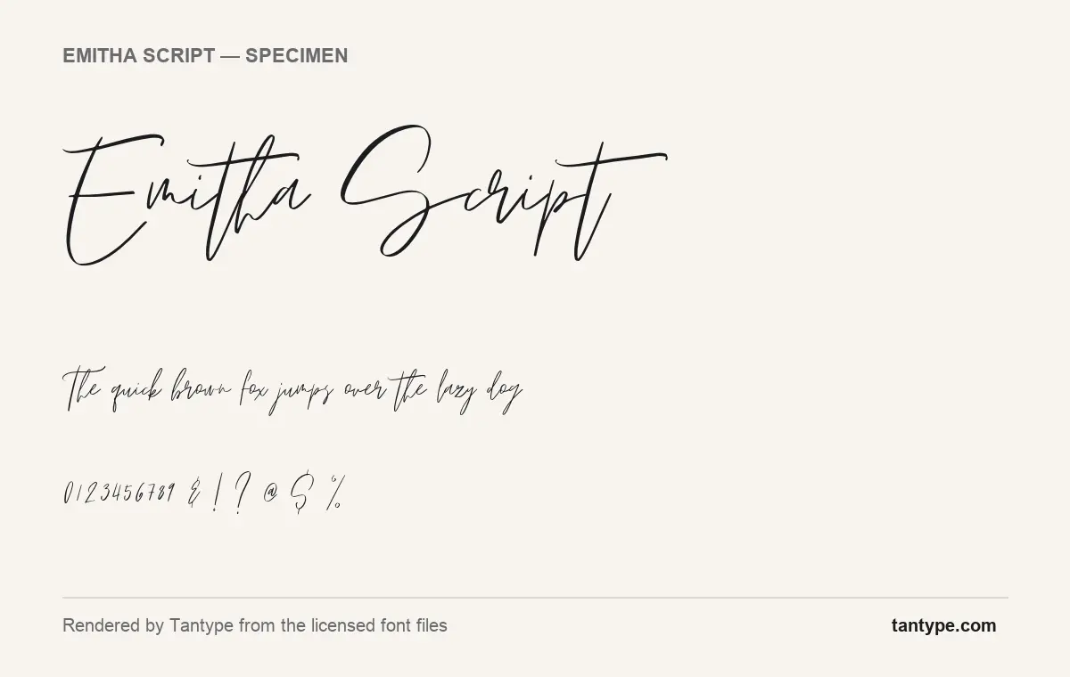 Emitha Script font specimen showing the alphabet and numerals