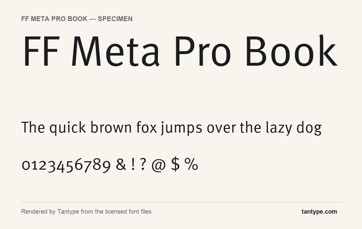 FF Meta Pro Book font specimen showing the alphabet and numerals