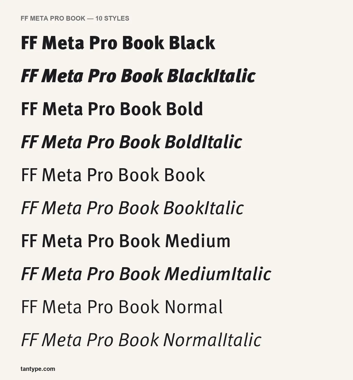 All 10 styles of FF Meta Pro Book