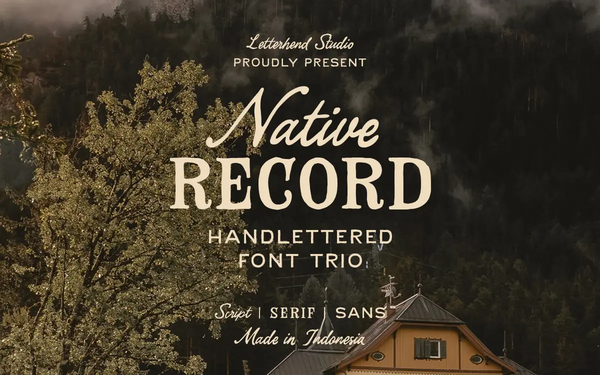 The Native Record Font Trio: rustic script, serif and sans for country branding