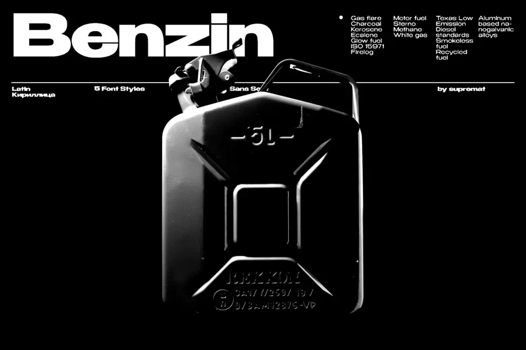 Benzin specimen — Character set and features