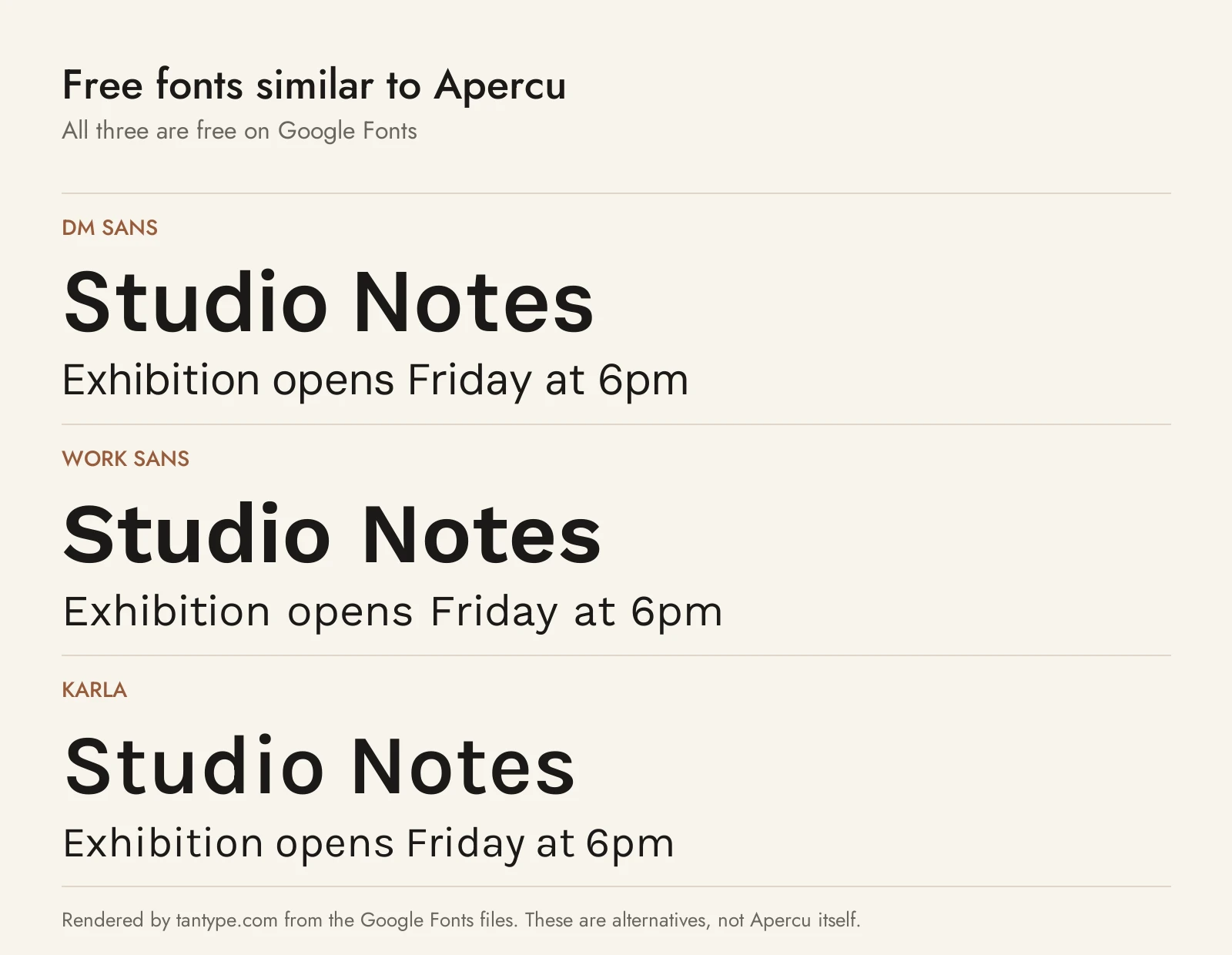 Free fonts similar to Apercu: DM Sans, Work Sans and Karla compared