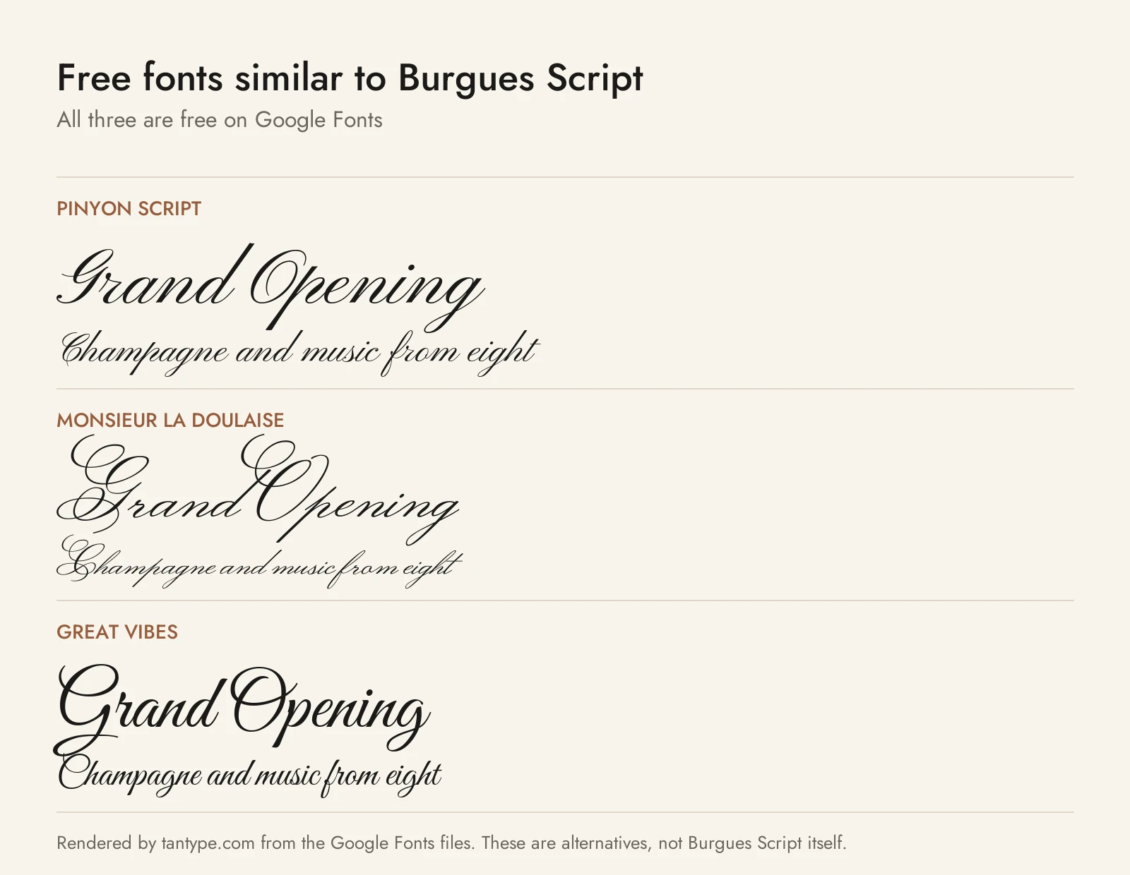 Free fonts similar to Burgues Script: Pinyon Script, Monsieur La Doulaise and Great Vibes compared