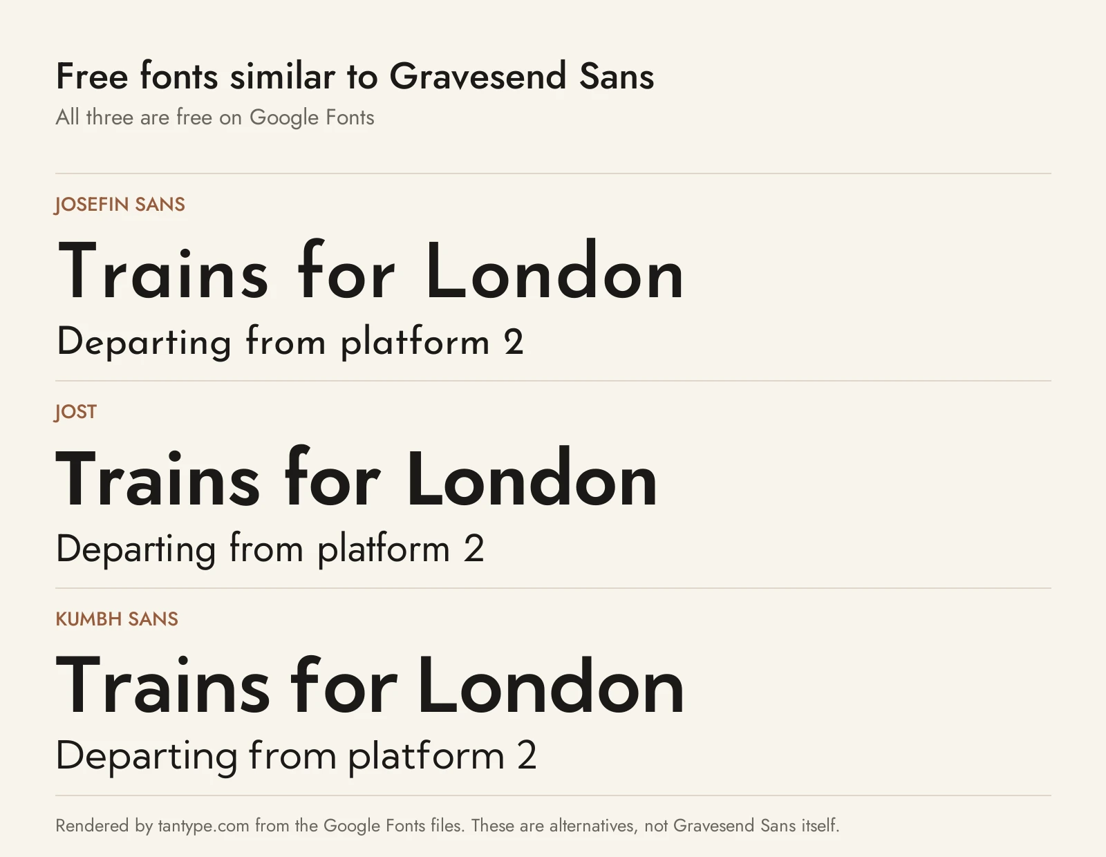 Free fonts similar to Gravesend Sans: Josefin Sans, Jost and Kumbh Sans compared