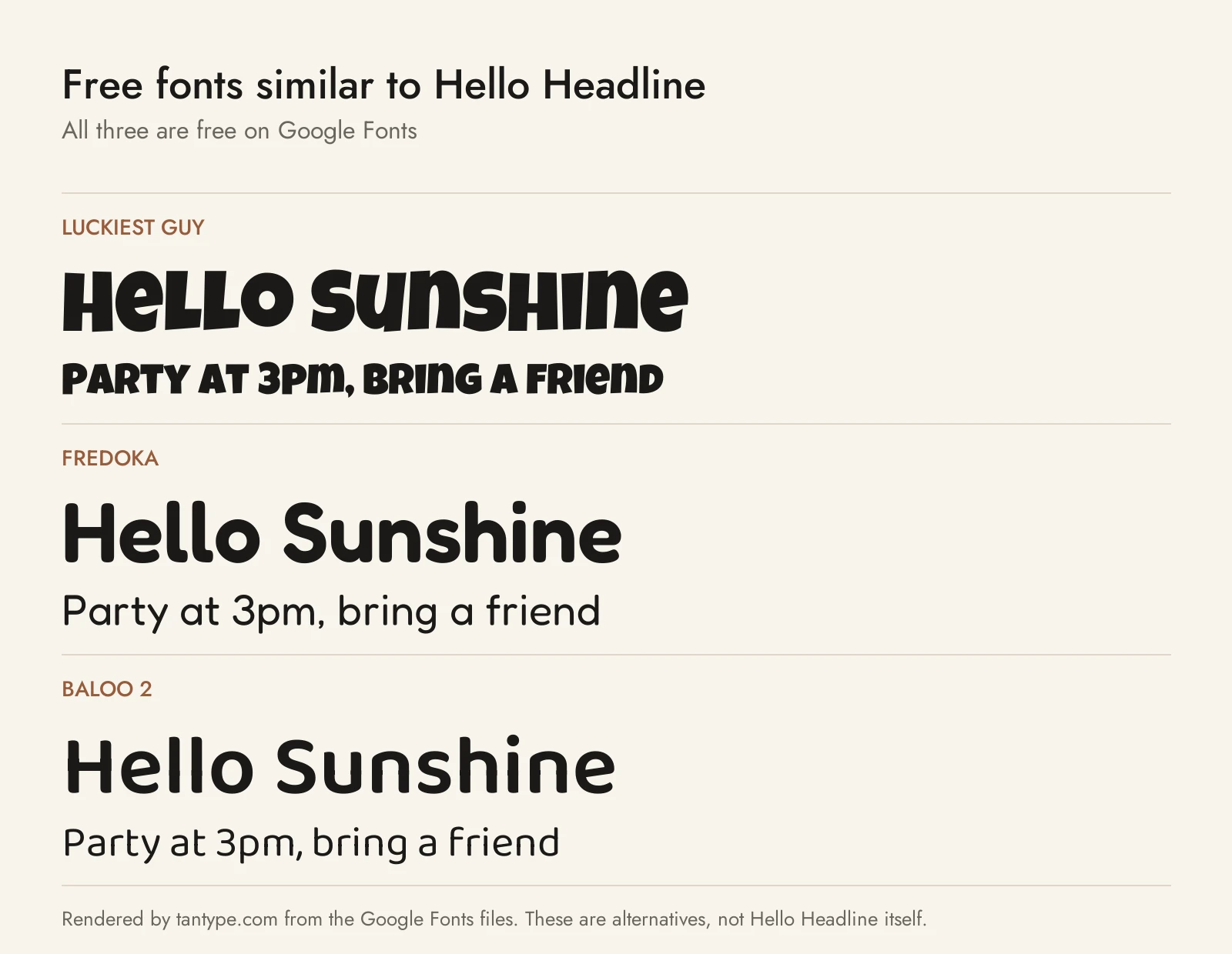 Free fonts similar to Hello Headline: Luckiest Guy, Fredoka and Baloo 2 compared
