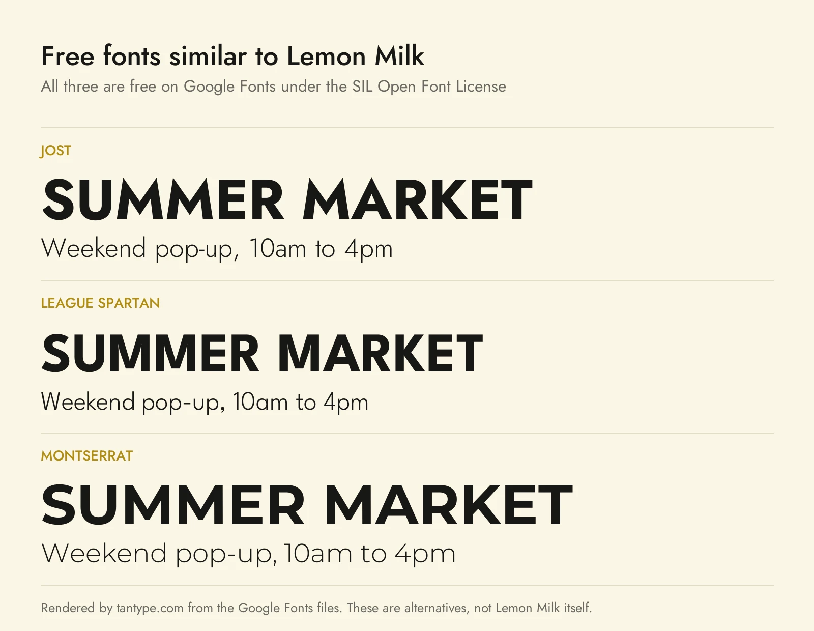 Free fonts similar to Lemon Milk: Jost, League Spartan and Montserrat compared