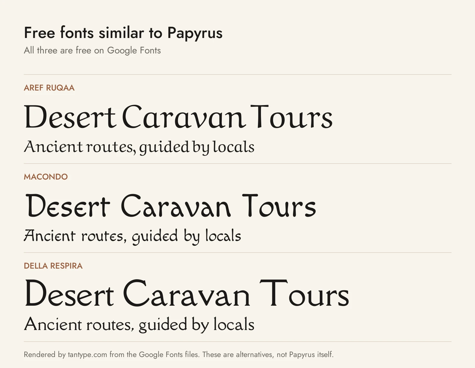 Free fonts similar to Papyrus: Aref Ruqaa, Macondo and Della Respira compared
