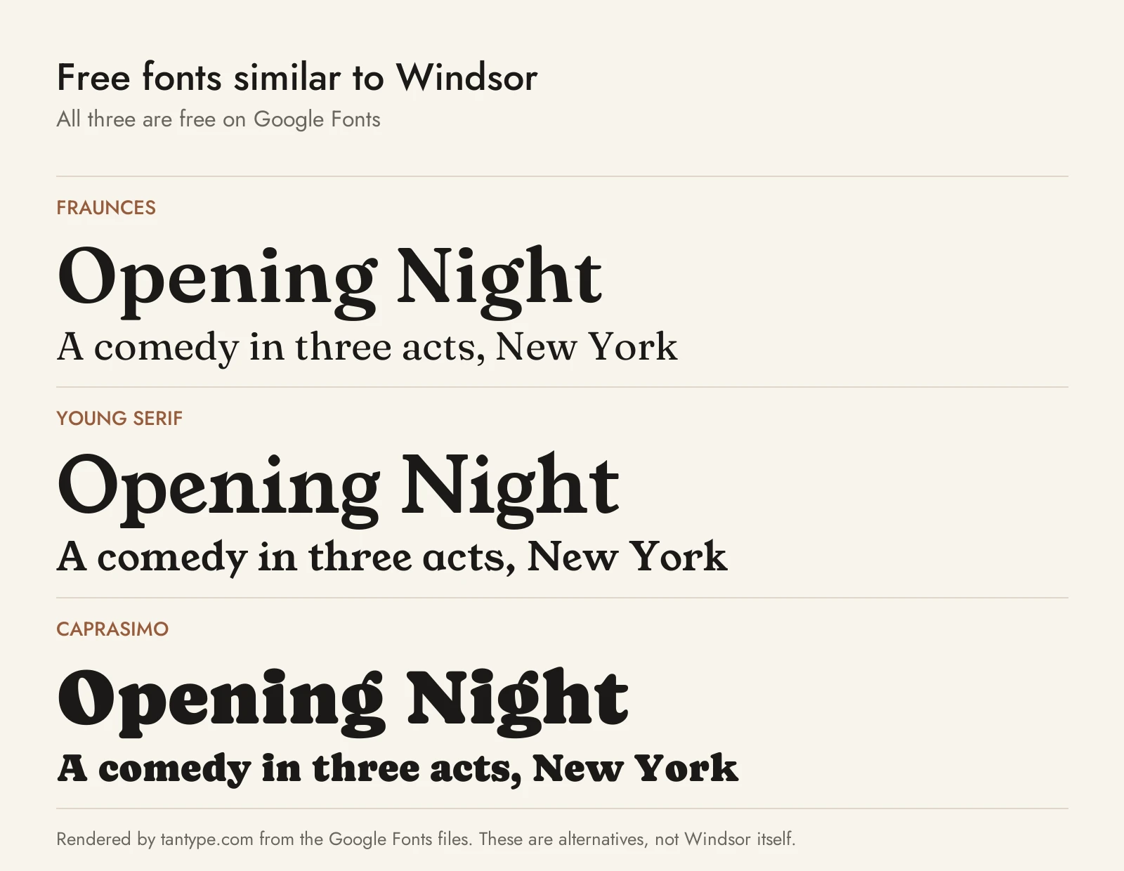 Free fonts similar to Windsor: Fraunces, Young Serif and Caprasimo compared