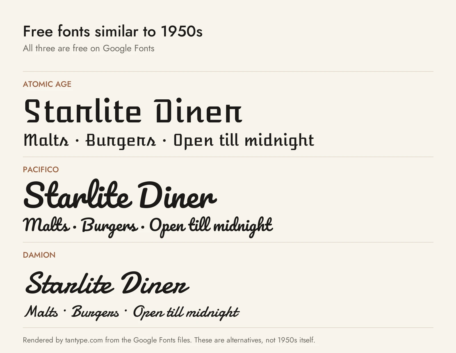 Free 1950s fonts from Google Fonts: Atomic Age, Pacifico and Damion compared