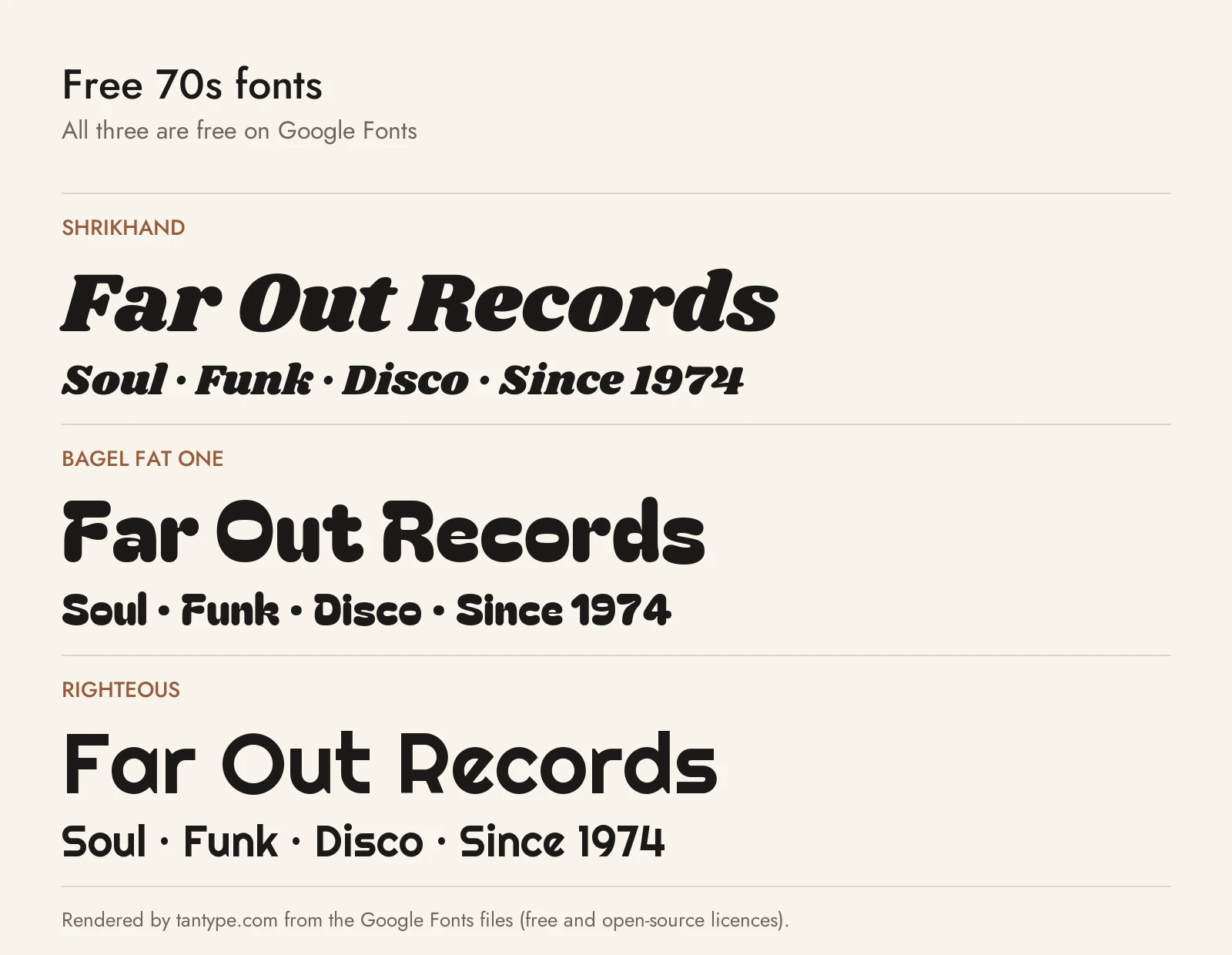Free 70s fonts from Google Fonts: Shrikhand, Bagel Fat One and Righteous compared
