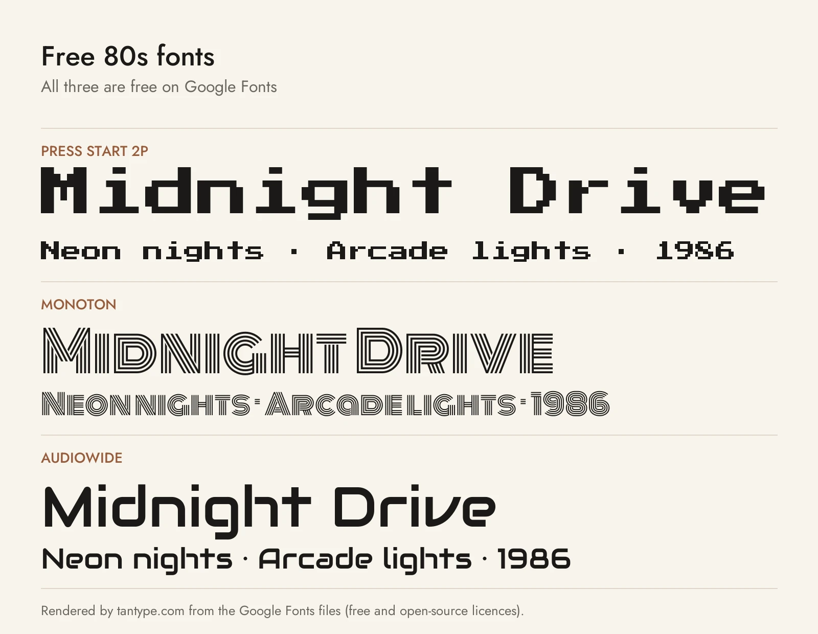 Free 80s fonts from Google Fonts: Press Start 2P, Monoton and Audiowide compared
