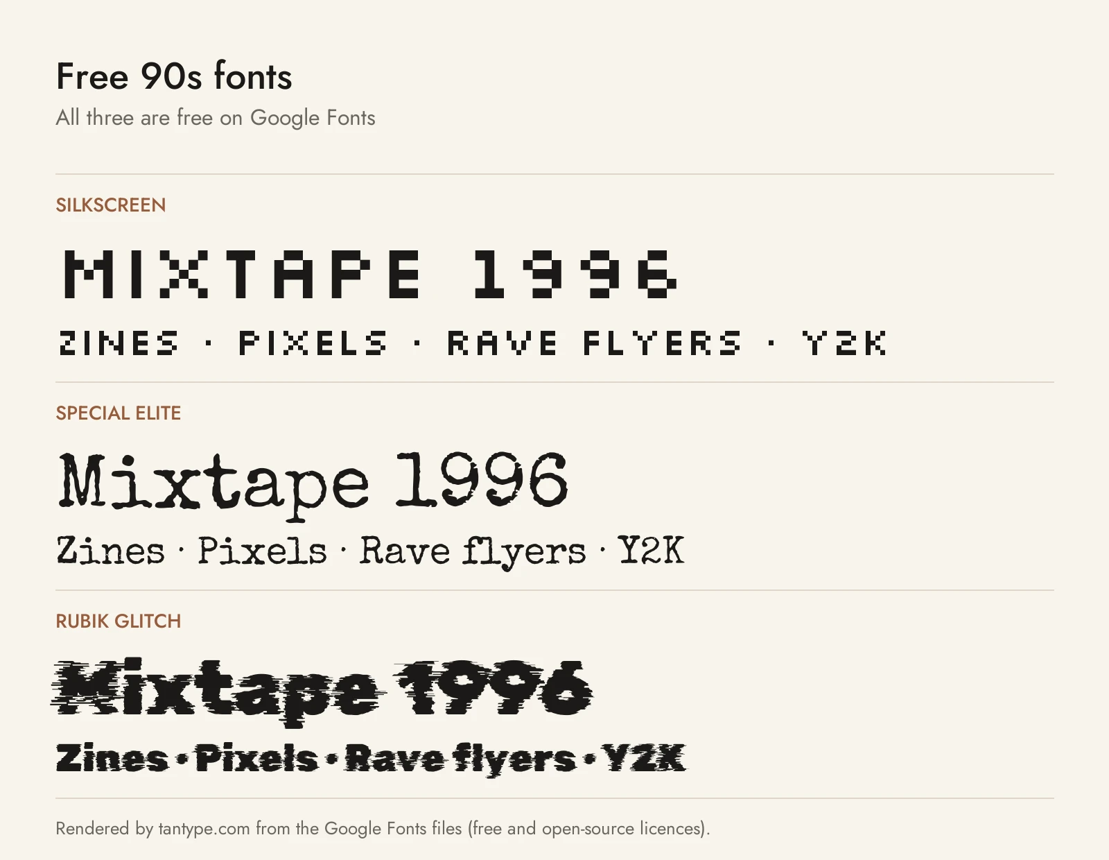 Free 90s fonts from Google Fonts: Silkscreen, Special Elite and Rubik Glitch compared
