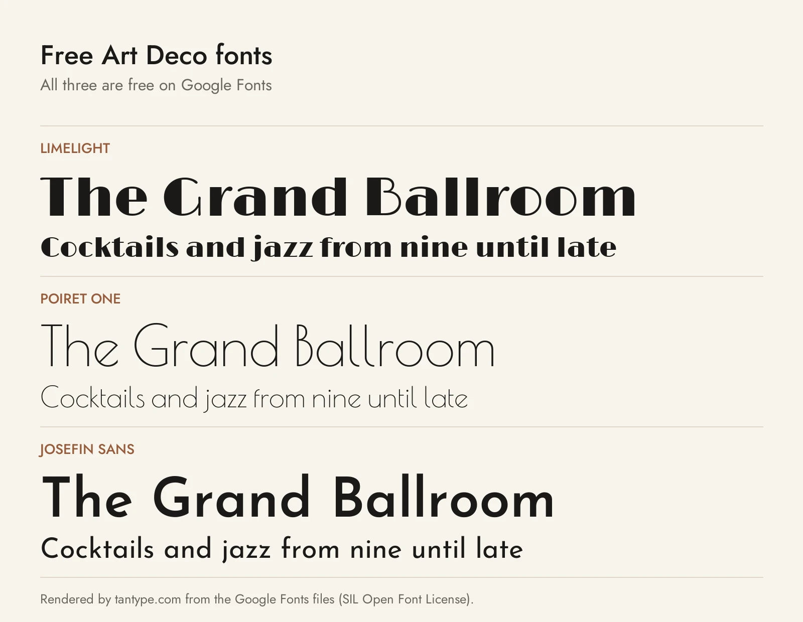 Free Art Deco fonts from Google Fonts: Limelight, Poiret One and Josefin Sans compared
