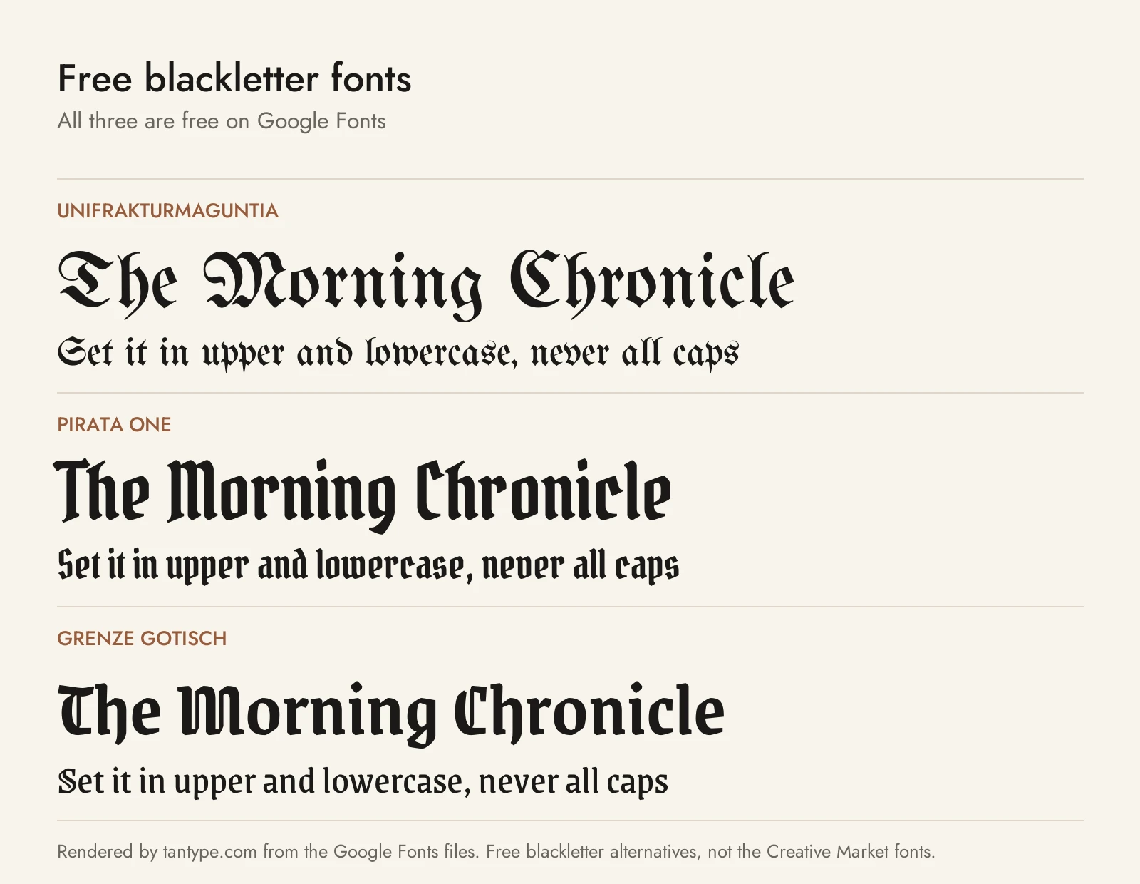 Free blackletter fonts from Google Fonts: UnifrakturMaguntia, Pirata One and Grenze Gotisch compared