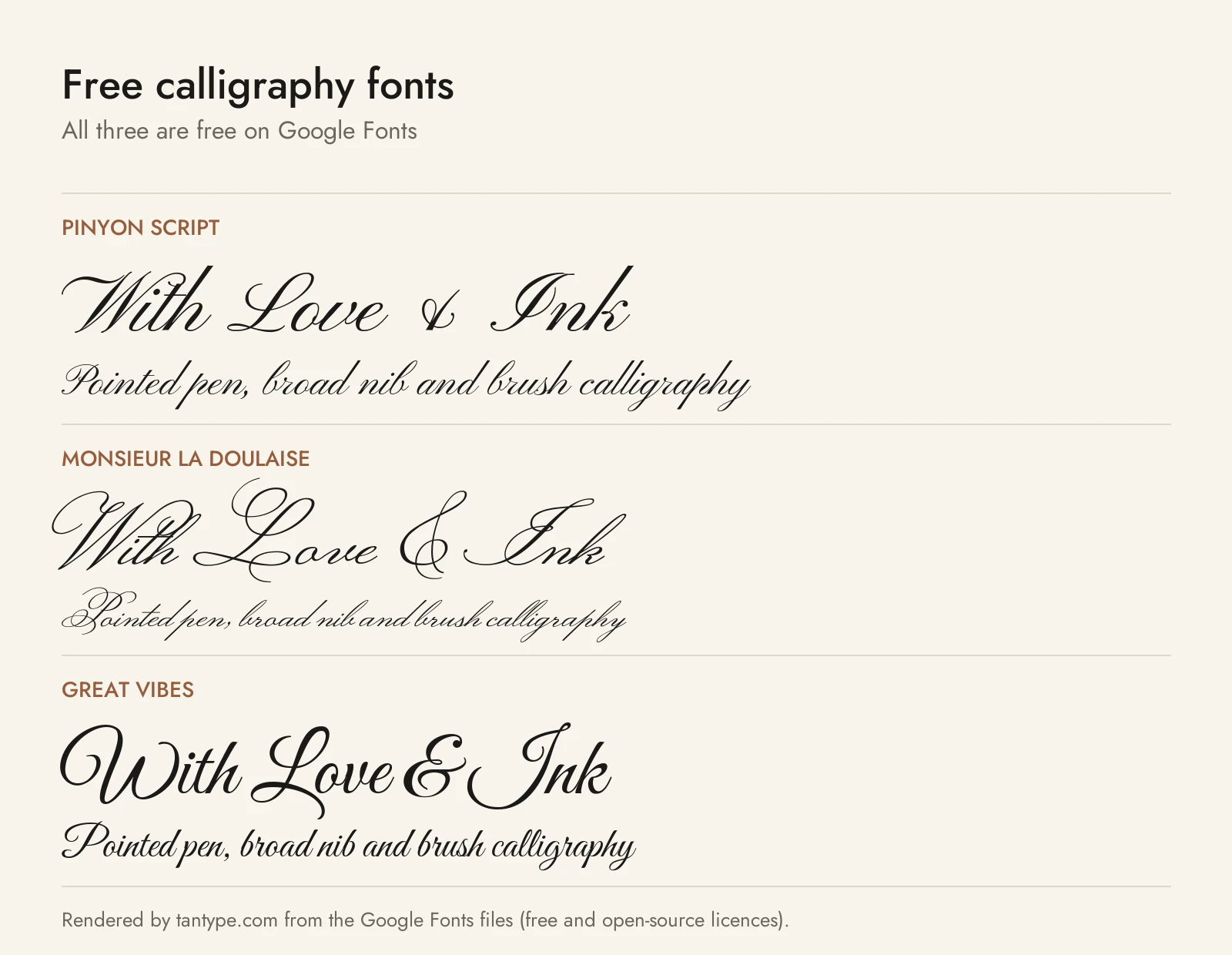 Free calligraphy fonts from Google Fonts: Pinyon Script, Monsieur La Doulaise and Great Vibes compared