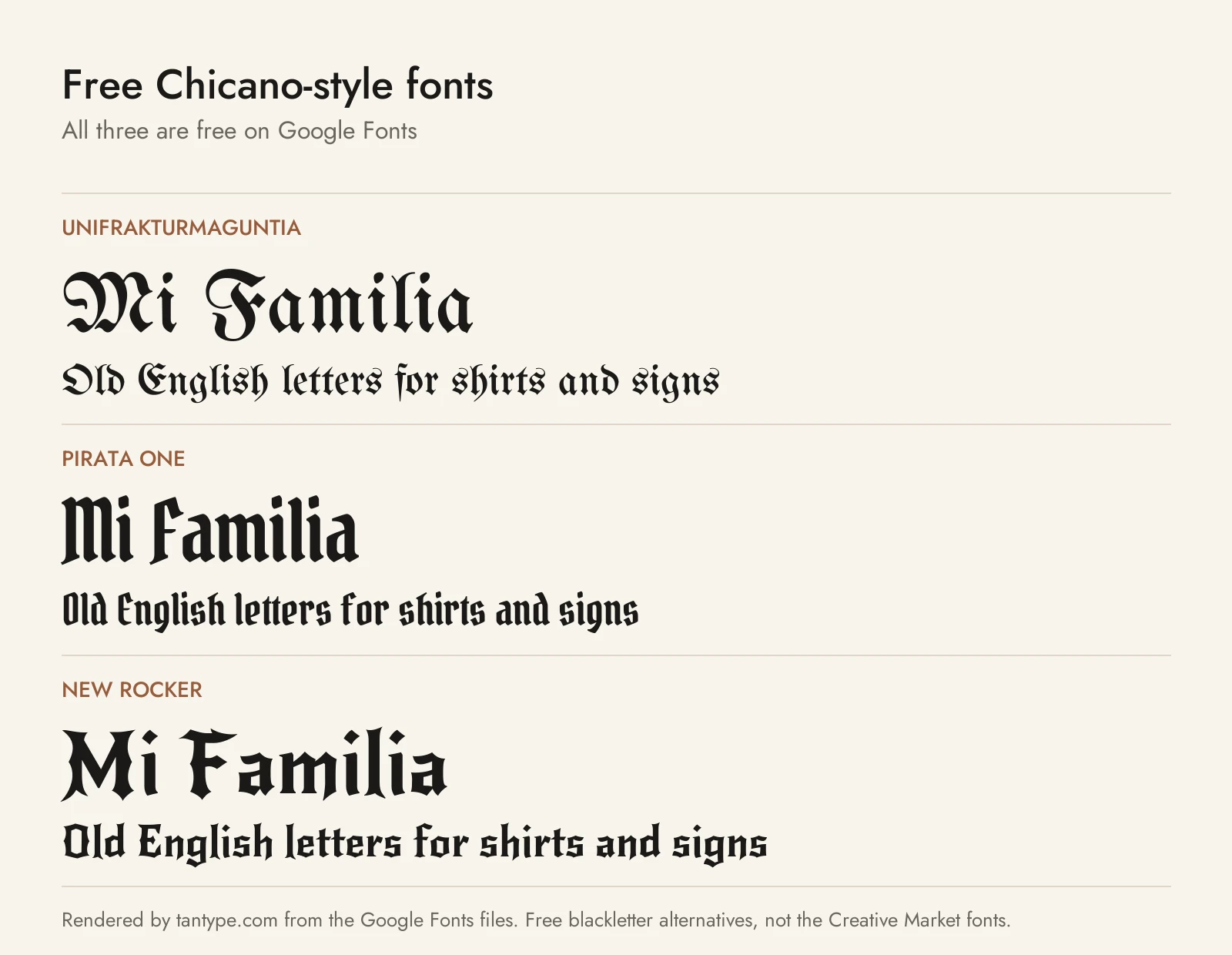 Free Chicano-style fonts from Google Fonts: UnifrakturMaguntia, Pirata One and New Rocker compared