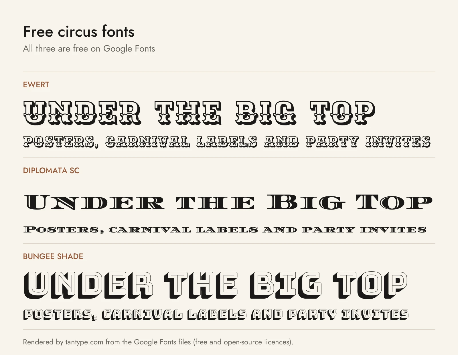 Free circus font options from Google Fonts: Ewert, Diplomata SC and Bungee Shade compared