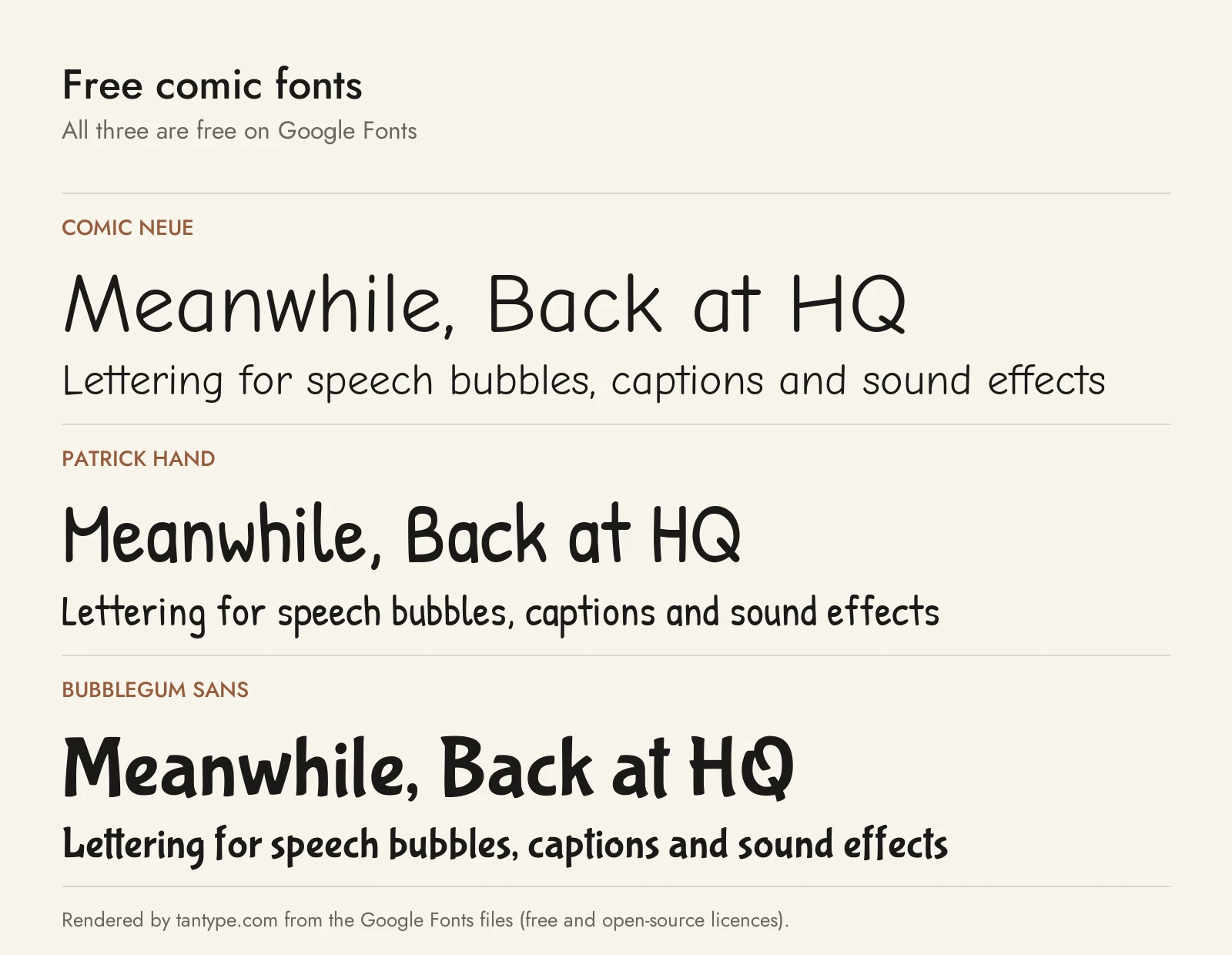 Free comic fonts compared: Comic Neue, Patrick Hand and Bubblegum Sans from Google Fonts