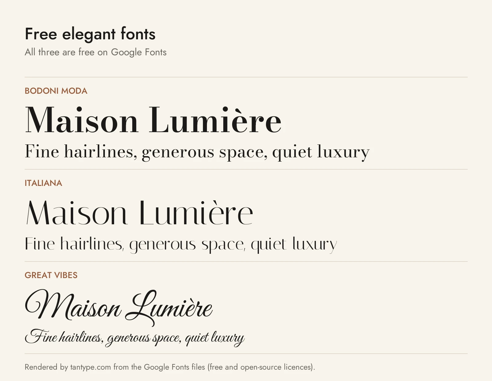 Free elegant fonts from Google Fonts: Bodoni Moda, Italiana and Great Vibes compared