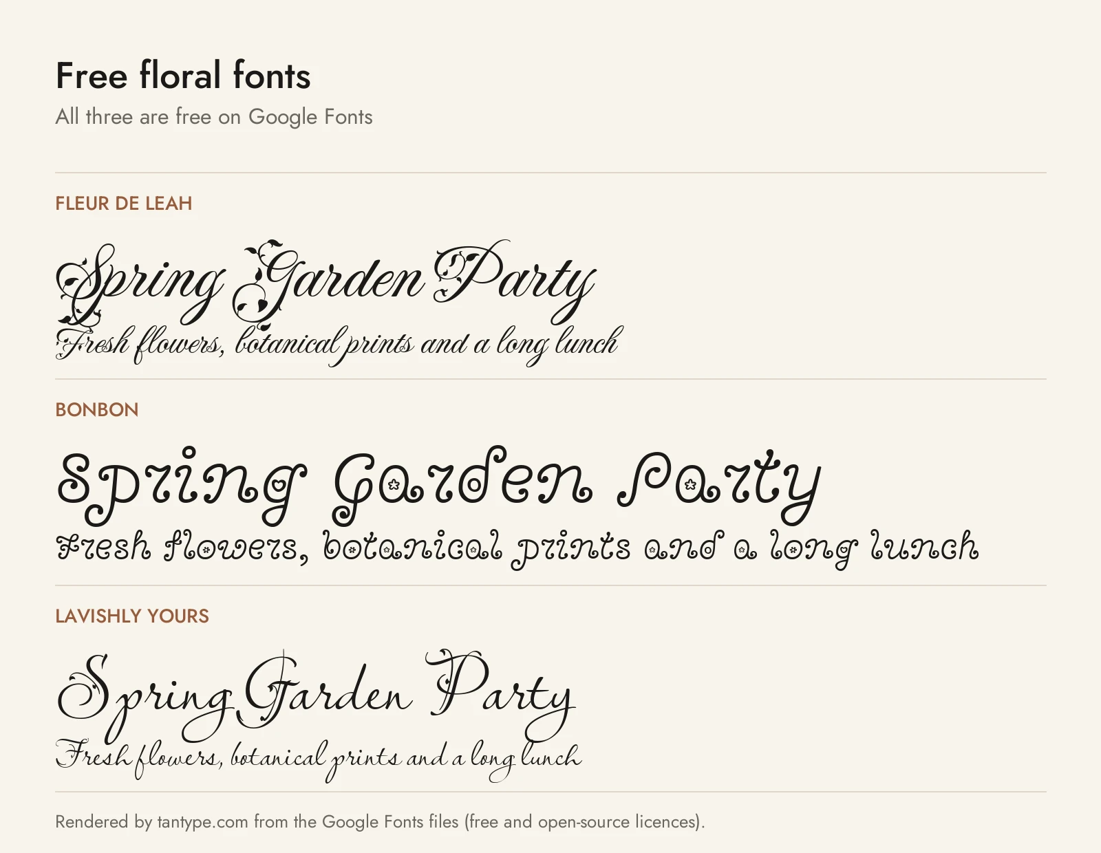 Free floral font options from Google Fonts: Fleur De Leah, Bonbon and Lavishly Yours compared